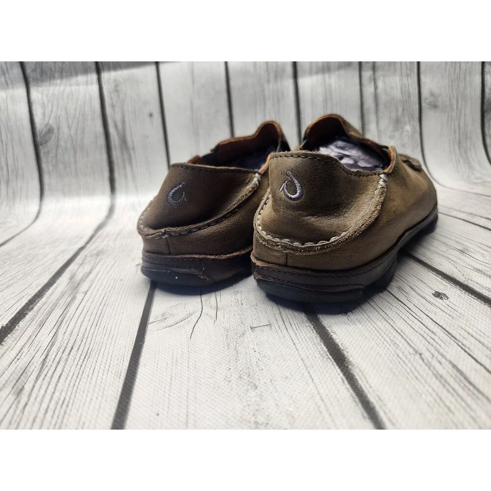 OluKai Moloa Shoes Men's 8.5 Brown Leather Slip On Casual Loafers Moccasin